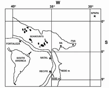 Fig.  1.  Main  seamounts  off  northeastern  Brazil.  A  –  Aracati;  G  –  Guará;  S  –  Sirius; RA – Rocas Atoll;  FNA – Fernando de Noronha Archipelago; SPSPA –  Saint Peter and Saint Paul Archipelago