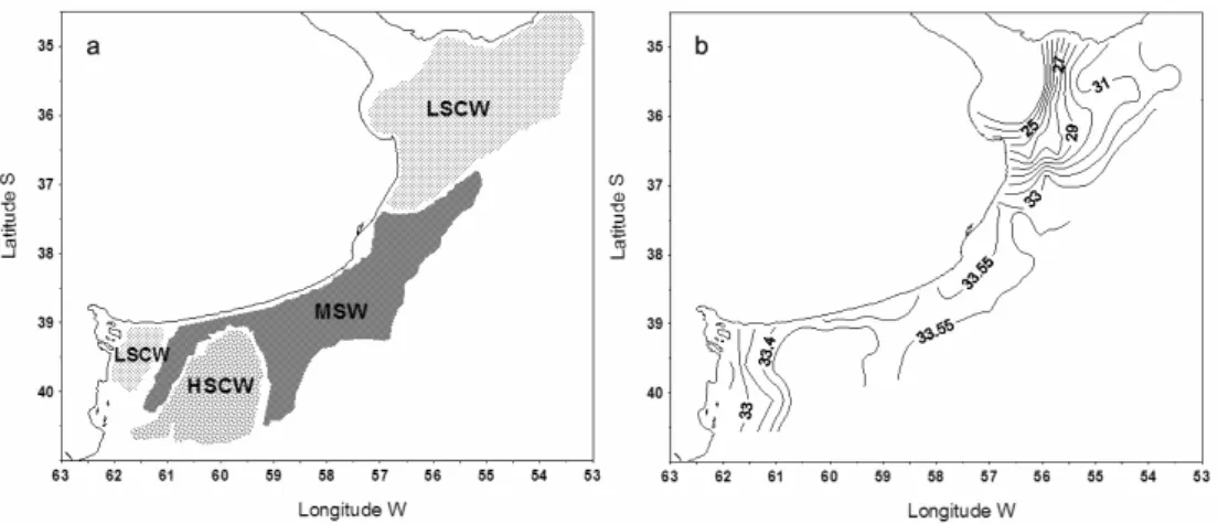 Fig.  3.  a-  Schematic  distribution  of  the  water  masses:  LSCW;  MSW;  HSCW  (see  Materials  and  Methods  for  abbreviations), b- surface distribution of salinity
