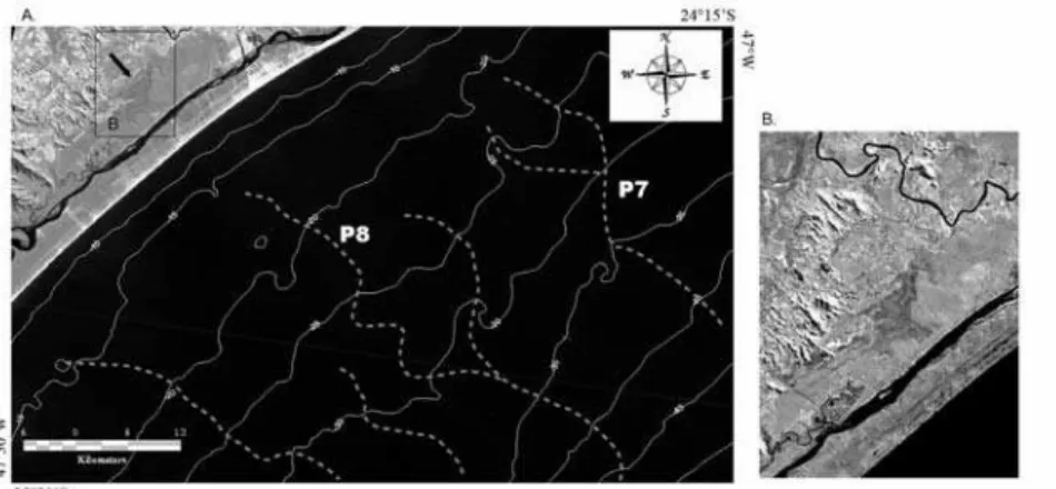 Fig. 6. A. Combination of satellite image (Band TM-4 - near infrared spectral band), isobaths  and main paleo-valley network (broken grey lines)