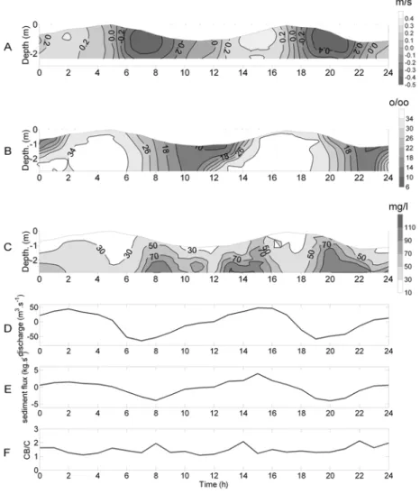 Fig. 4. Distribution of the flow velocities (A), salinity (B), suspended sediment concentration (C),  and time dependent water discharge (D), suspended sediment transport (E) and the ratio C B / C  (F)  for the two spring tidal cycles surveyed