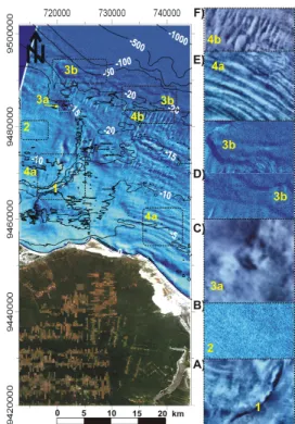 Fig. 4. Satellite Landsat Image showing the four main  seabed  features  and bedforms  that  occur in  the  study  area  (yellow  numbers)