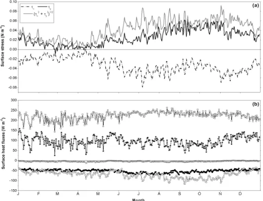Fig. 2. Daily average values computed from the hourly time series. (a) Zonal stress (dashed-dotted line), meridional stress  (black line) and the total stress (grey line) at surface, given by Eq
