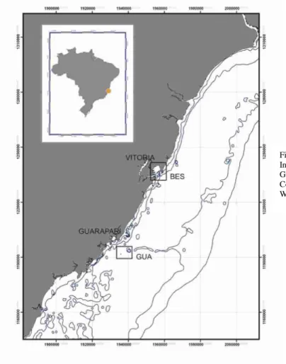 Fig.  3.  Location  of  study  areas:  GUA  –  Inner  continental  shelf  of  the  city  of  Guarapari,  B;  BES  -  Espírito  Santo  Bay
