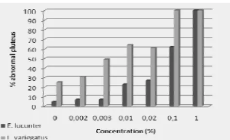 Fig.  2.  Chronic  toxicity  of  light-stick  in  contact  with  sea  urchin  embryos  Echinometra  lucunter  and  Lytechinus  variegatus