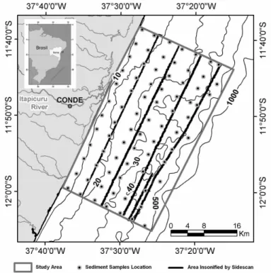 Fig.  1.  Study  area,  including  the  distribution  of  the  surface  sediment  samples used for definition of sedimentary  facies,  as  well  as  for  determination  of  the  D 50  values used in this study