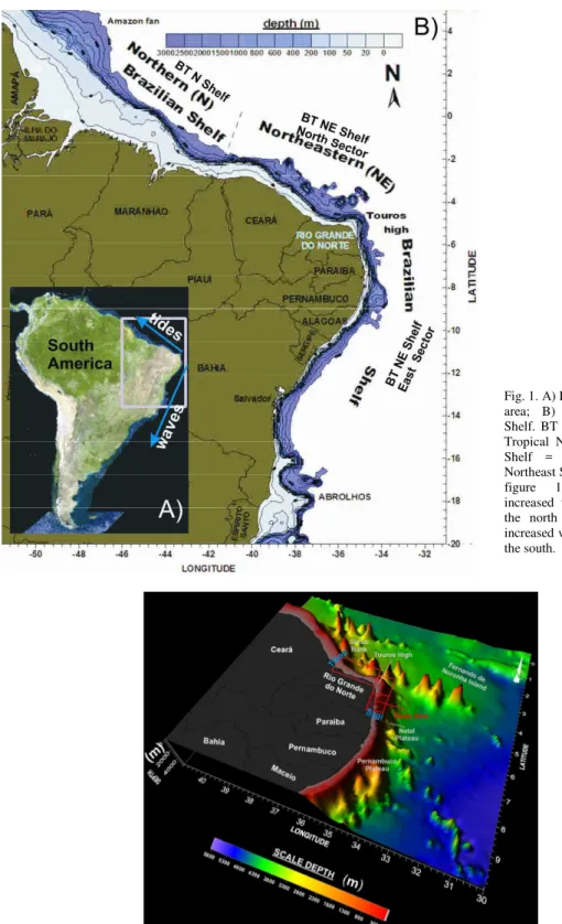 Fig.  2.  Digital  model  of  the  Rio  Grande  do  Norte  Shelf.  Red  squares  indicate the study area location