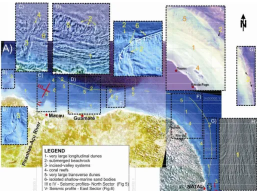 Fig. 4. Landsat 7 ETM + Image (bands 321) of the Brazilian Tropical Rio Grande do Norte region indicating A) the  location  of  the  different  seabed  features