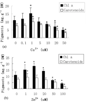 Fig.  2.  Effect  of  Cu 2+   (a)  and  Zn 2+   (b)  on  the  O 2   evolution  (photosynthesis)  and  O 2   consumption  (respiration)  in  Porphyra  haitanesis  after  168  h  of  metal  treatment