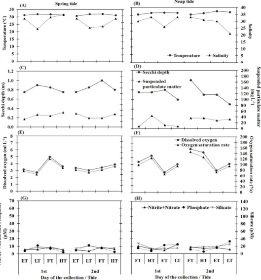 Fig. 2. Temporal variation of abiotic variables in the Port Basin of Recife (Pernambuco, Brazil) during the dry  season (January 25-26 and February 02-03, 2005)