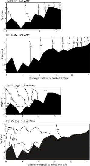 Fig.  3.  Longitudinal  distribution  of  salinity  (psu)  and  particulate  suspended  matter  (mg  L -1 )  along  the  Caravelas  River estuary during low tide (A and C, April 10, 2001, 11:00  h – 12:30 h) and high water (B and D, April 10, 2001, 16:15  