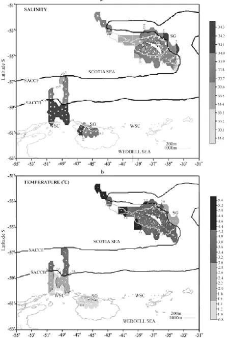 Fig.  2.  Horizontal  distribution  of  Temperature  (ºC)  and  Salinity  at  South  Georgias  Islands  (SG),  South  Orkney  Islands  (SO)  and  Weddell-Scotia  Confluence  (WSC)