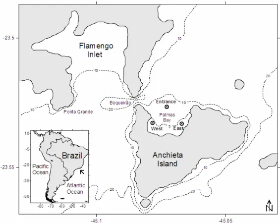 Fig. 1. Locations of the sampling sites (West / East sides and Entrance of the bay) in Palmas Bay