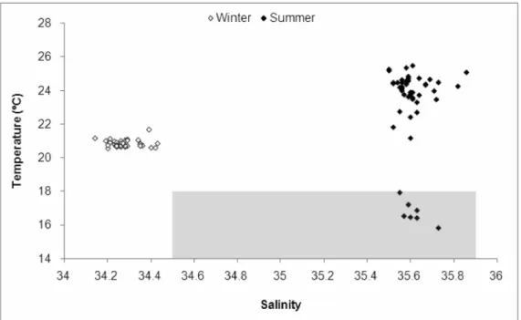Fig. 2. Diagram T – S showing the difference between summer and winter on water column in the study region in 1992