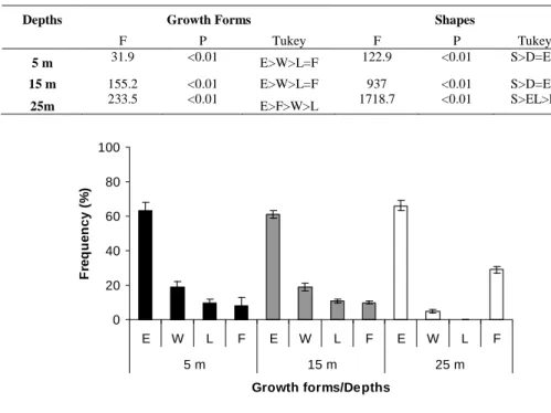 Fig. 6. Mean (+ SD) frequency of growth forms (E = encrusting, W =warty, L =  lumpy, F = fruticose) at the depths sampled
