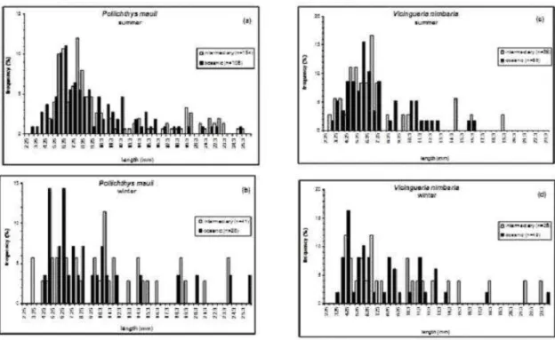 Fig.  7.  Frequency  –  size  class  distribution  of  P.  mauli  during  the  summer  (a)  and  winter  (b)  and  V