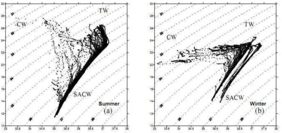 Fig. 2. Temperature-Salinity diagrams (T-S) of the total oceanographic stations realized during the summer (a) and winter (b)  cruises,  in  2002