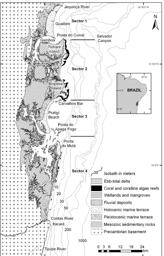 Fig.  1.  Geological  map  of  the  Dendê  Coast  and  neighboring  regions.  Also  shown  are  the  major  physiographic features of the continental shelf.