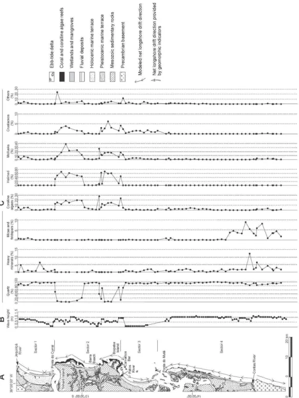 Fig.  3.  (A)  Geological  map and net longshore  sediment  transport;  (B) average  wave  height along  the  coastline;  (C)  composition of beach sediments