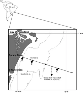 Fig.  1.  Map  of  the  hydrographic  cross-shelf  transect  with  positions of the experimental sites A, B and C in the inner  shelf of Paraná State, southeastern Brazil.