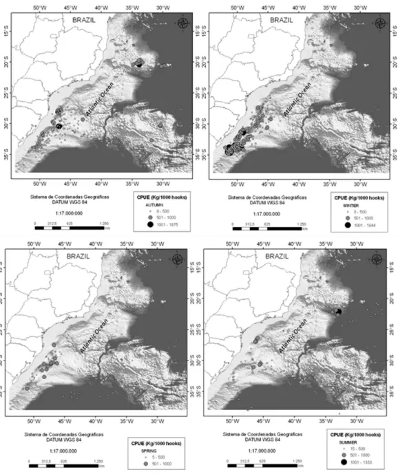 Fig. 12. Spatial distribution of seasonal CPUE (kg/1000 hooks) observed for swordfish caught by longliners based  in Itajaí; years: 1997, 1998, 2001, 2002 and 2007