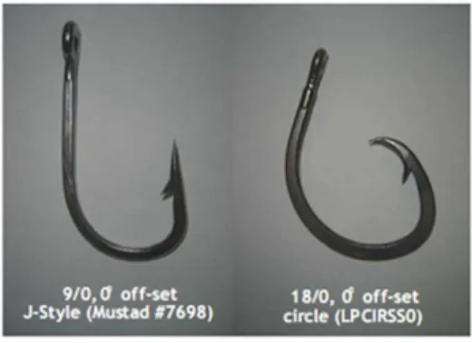 Fig. 2. Hook types compared in the selectivity tests  involving the surface longline fleet based in Itajaí  (southern  Brazil)  operating  in  the  Southwestern  Atlantic from 2004 to 2008