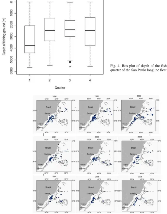 Fig. 5. Spatial and temporal distribution of fishing sets of the Sao Paulo longline fleet  during the second quarter (1998-2006)