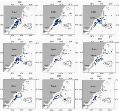 Fig.  6.  Spatial  and  temporal  distribution  of  fishing  sets  of  the  São  Paulo  longline  fleet  during  the  third  quarter  (1998-2006)