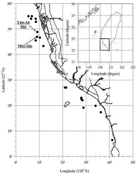 Fig. 1. Locations of Mito and Yun-An artificial habitat site. Nineteen artificial habitat sites  were constructed off the southwestern coast of Taiwan