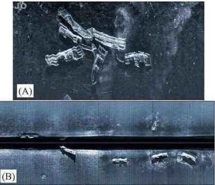 Fig.  5.  Side-scan  sonar  imagery  illustrating  three  types  of  distribution  states  of  concrete  blocks