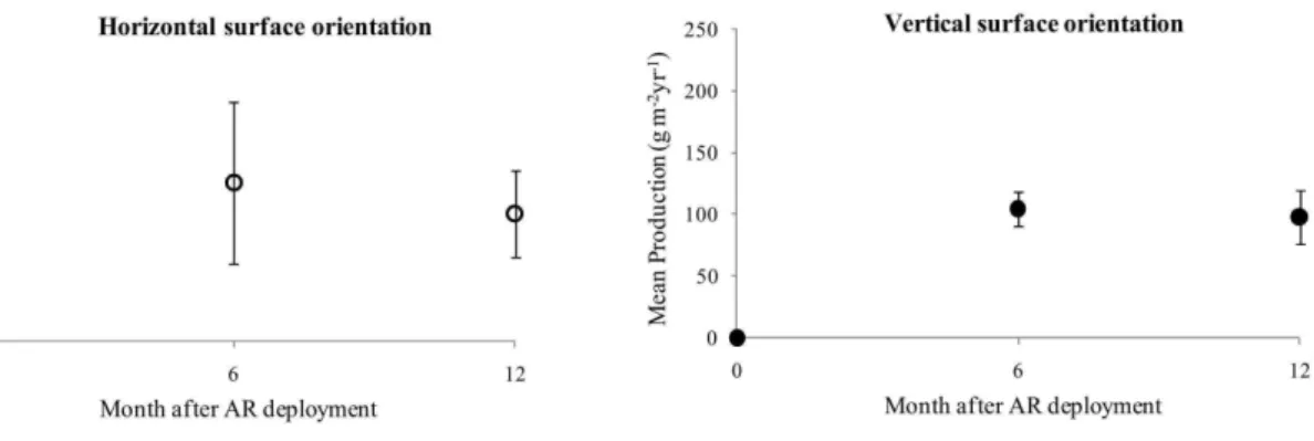 Fig. 1. The production (g m -2  yr -1 )  estimate for horizontal (left) and vertical (right) surfaces of the Faro/Ancão  Artificial Reef system, during the first year after deployment