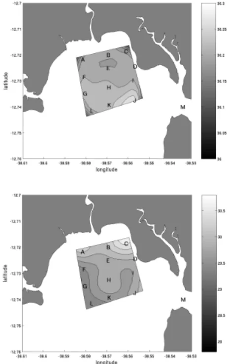 Fig. 15. Distribution of salinity (upper) and  temperature  ( o C)  (lower)  at  the  surface  (flooding)