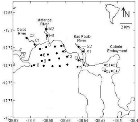 Fig.  3.  Geographical  localization  of  the  oceanographic  stations  of  the  non-synoptic  grid  ( • )  almost  coincident  with  the synoptic grid, the current meter  mooring (black square),  the Caipe (C1 and C2), Mataripe (M1 and M2) and São Paulo  