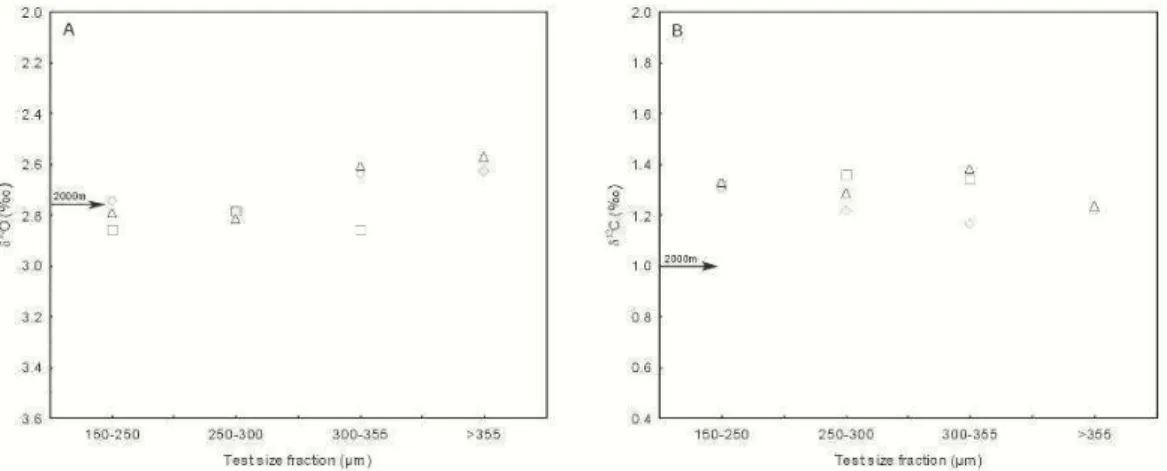 Fig.  1.  Mean  (A)  δ 18 O  and  (B)  δ 13 C  measurements  in  C.  wuellerstorfi  in  core  KF-G  related  to  test  size  fraction