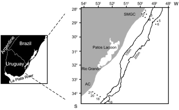 Fig. 1. Study area and stations located in the southernmost Brazilian coastal, shelf and oceanic waters off Santa Marta Grande  Cape (SMGC) and Albardão-Chuí (AC)