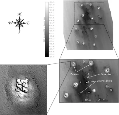 Fig. 3. Grey-scale detailed bathymetric data from MBES EM3002 of Porto Recanati artificial reef