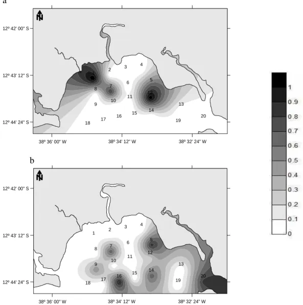 Fig.  4.  Species  diversity  estimated  for  the  Mataripe  estuarine  region  in  the  winters  of  (a)  July  2003  and  (b)  July/August 2004