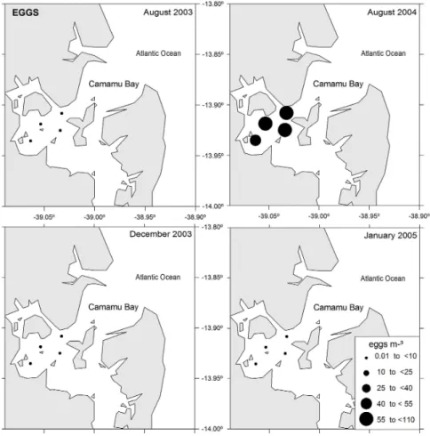 Fig. 4. Horizontal distribution of egg density (eggs.m -3 ) in Camamu Bay area in the August and  December 2003, August 2004 and January 2005 campaigns