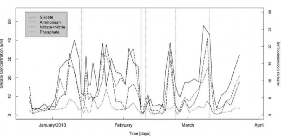 Fig.  7.  Site  2  macronutrients  concentration  [µM]  time  series.  Vertical  dotted  lines  represent  phytoplankton bloom formation