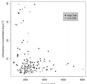 Fig.  3.  Correlation  of  total  water  turbidity  [RU]  and  Chlorophyll-a  concentration  [mg.m -3 ]  divided  between  tidal  periods (High and Low Tide)