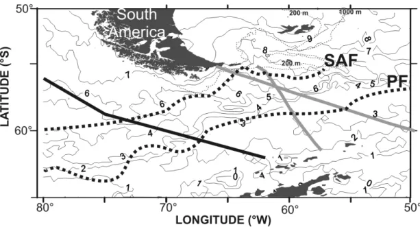 Fig. 1.  Transect locations of the Pump-Net system (gray) and Continuous Plankton Recorder (CPR, black) surveys in the  eastern  and  western  sectors  of  Drake  Passage  during  summer  2000