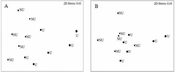 Fig. 6. n-MDS ordination results of a similarity matrix (Bray-Curtis) obtained from the linear abundance of benthic macrofauna  of non-urbanized (NU) and urbanized (U) sectors of the Barra do Sul beach during the summer (A) and winter (B) season