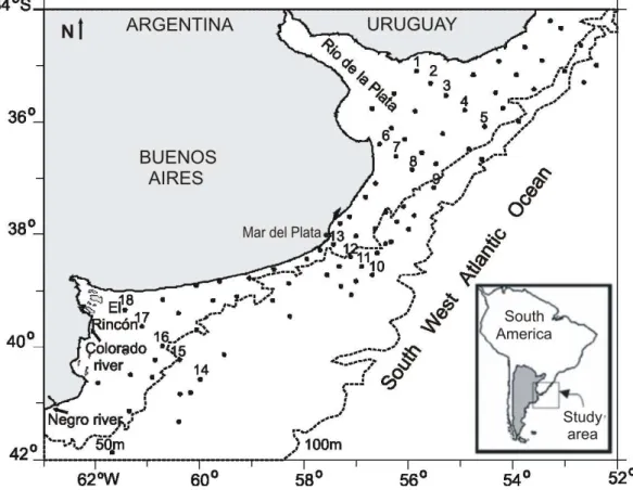 Fig. 1. Map of the study area showing oceanographic (●) and zooplankton (1 to 18) stations