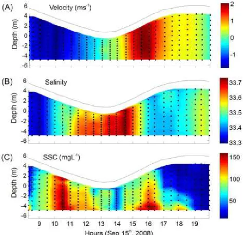 Fig. 7. Temporal and vertical distributions of current velocity (A, ms -1 ), salinity (B) and suspended sediment  concentration (C, mgL -1 ) at the inlet station of Taperaçu estuary