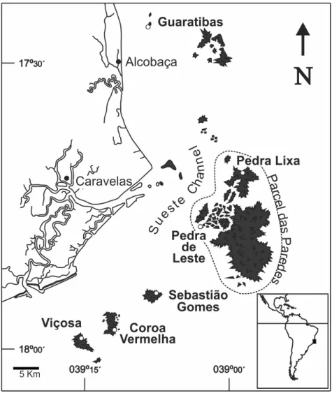 Fig. 1. Map of the Abrolhos inner reefs, showing the position of the studied sites. 
