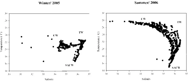 Fig. 2. Temperature - Salinity diagram (T-S) of the principal water masses sampled during winter 2005 and summer 2006 in the  continental  shelf  between  São  Sebastião  and  Peruíbe,  SP