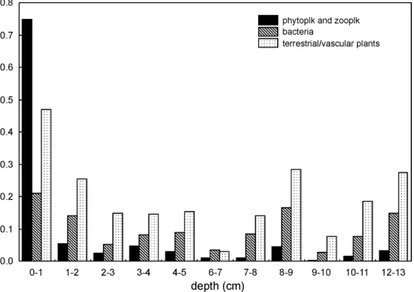 Fig. 3. Distribution of fatty acids (FA, in mg g -1 TOC) in the core C01, grouped accordingly to McCallister  et al., 2006, as (i) phytoplankton and zooplankton: sum of C 18 , C 20  and C 22  PUFA; (ii) bacteria: sum of odd  numbered C 13 -C 17 , linear an
