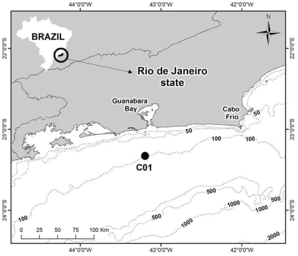 Fig.  1.  Location  where  the  core  (C01)  used  for  this  study  was  collected  in  the  inner  shelf  in  the  Rio  de  Janeiro  state  (SE  Brazilian continental margin)