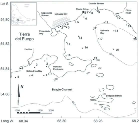 Fig. 1. Map of the study area and the location of the sampling stations in Ushuaia and Golondrina bays, Beagle Channel