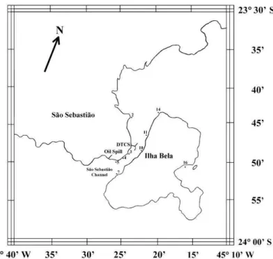 Fig. 1. Sediment sampling sites inside the São Sebastião Channel (SSC), sampled  in October 1993, March, June and December 1994