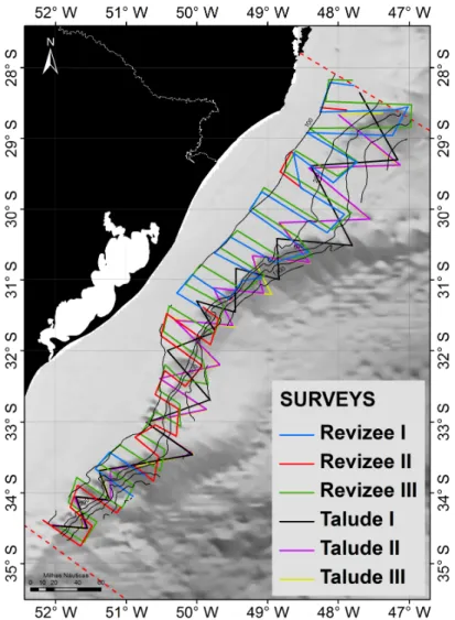 Fig. 1. Survey design of the REVIZEE 1, 2, 3 and Slope acoustic surveys in the area of the Pelotas Basin